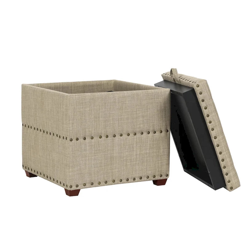 Quadratischer getufteter Stoffhocker mit abnehmbarem Tablettdeckel, blau