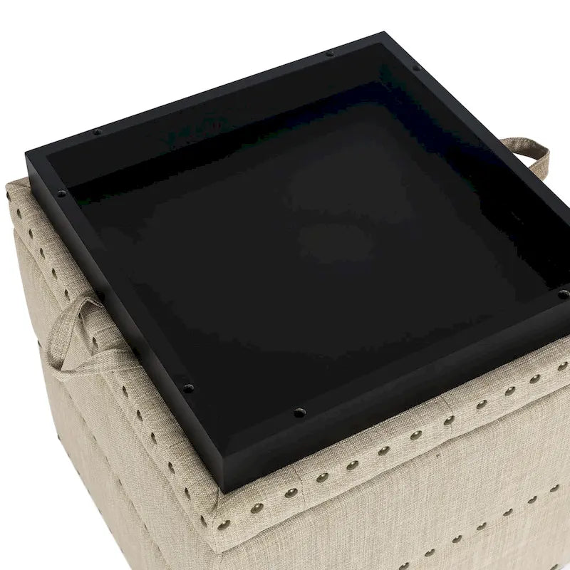Quadratischer getufteter Stoffhocker mit abnehmbarem Tablettdeckel, blau