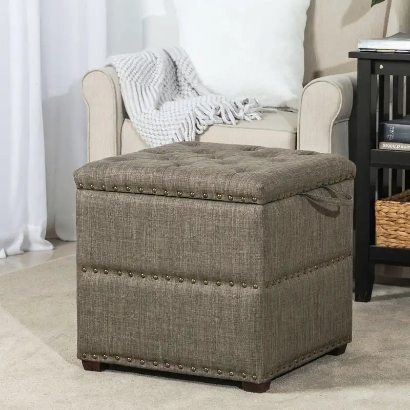 Quadratischer getufteter Stoffhocker mit abnehmbarem Tablettdeckel, blau