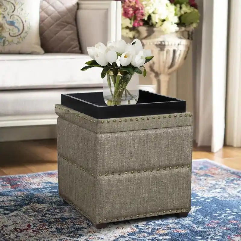 Quadratischer getufteter Stoffhocker mit abnehmbarem Tablettdeckel, blau