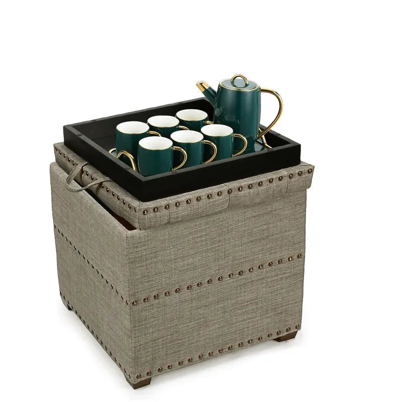 Quadratischer getufteter Stoffhocker mit abnehmbarem Tablettdeckel, blau