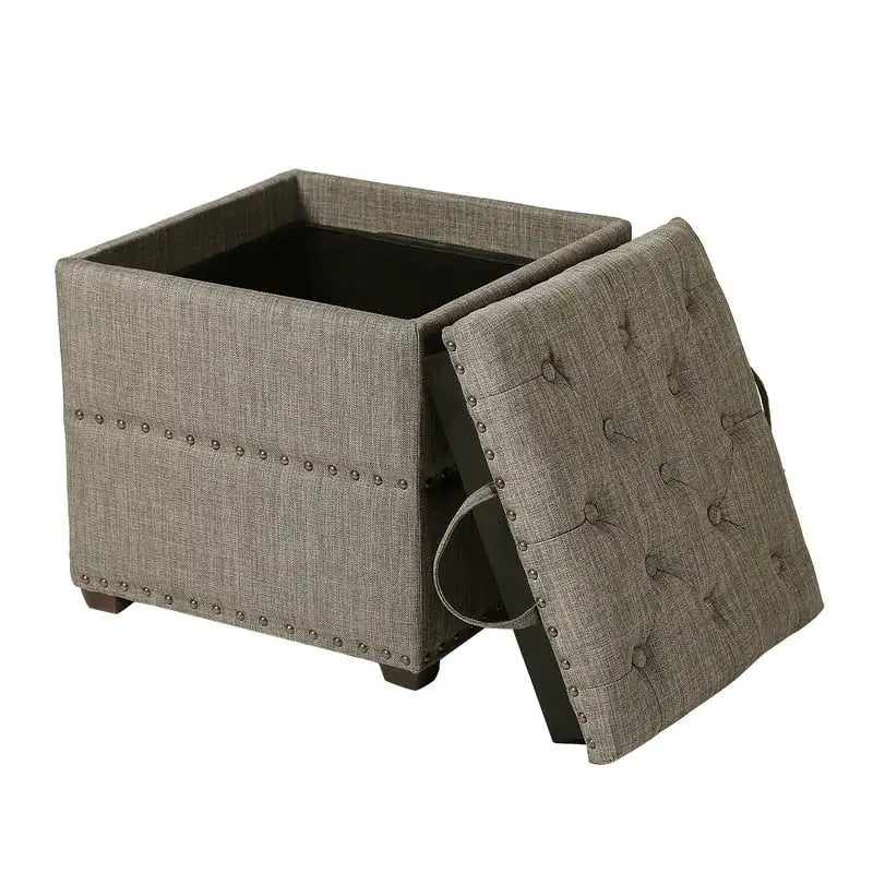 Quadratischer getufteter Stoffhocker mit abnehmbarem Tablettdeckel, blau
