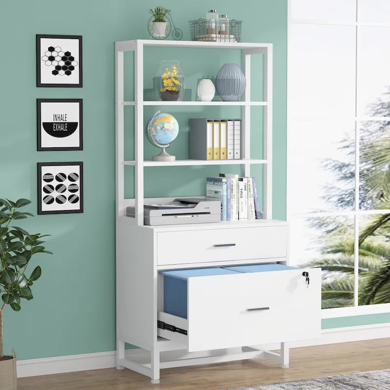Vertical File Cabinet with 2 Lockable Drawers and Open Shelves, Brown Black White
