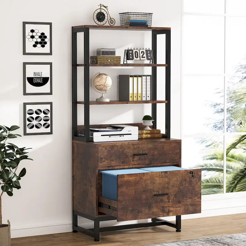 Vertical File Cabinet with 2 Lockable Drawers and Open Shelves, Brown Black White