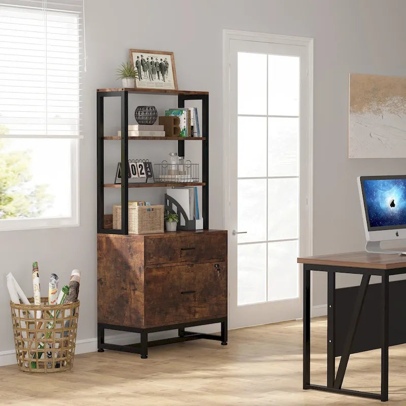 Vertical File Cabinet with 2 Lockable Drawers and Open Shelves, Brown Black White