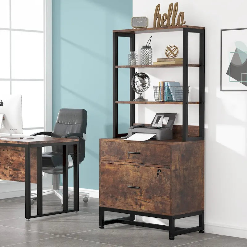 Vertical File Cabinet with 2 Lockable Drawers and Open Shelves, Brown Black White