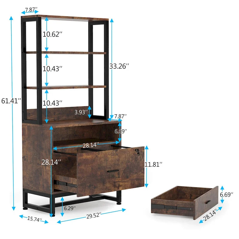 Vertical File Cabinet with 2 Lockable Drawers and Open Shelves, Brown Black White