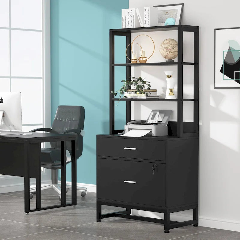 Vertical File Cabinet with 2 Lockable Drawers and Open Shelves, Brown Black White