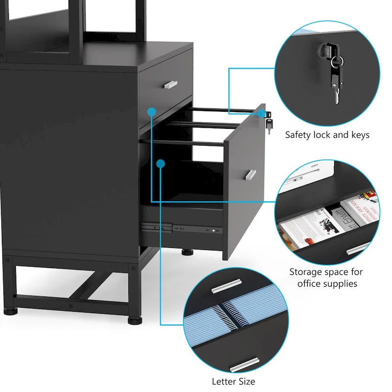 Vertical File Cabinet with 2 Lockable Drawers and Open Shelves, Brown Black White