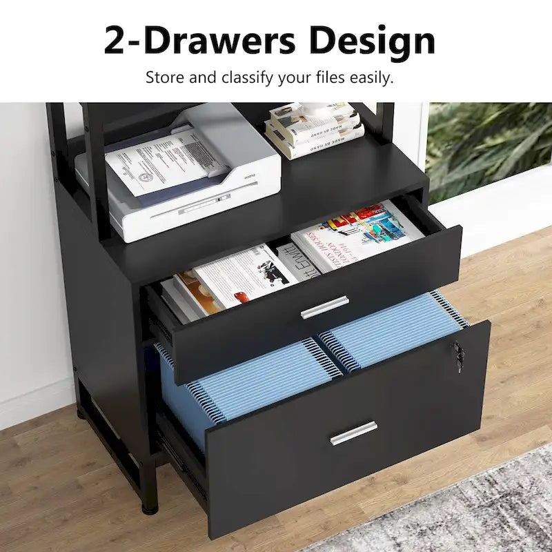Vertical File Cabinet with 2 Lockable Drawers and Open Shelves, Brown Black White
