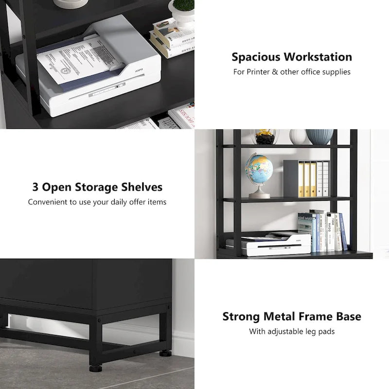 Vertical File Cabinet with 2 Lockable Drawers and Open Shelves, Brown Black White