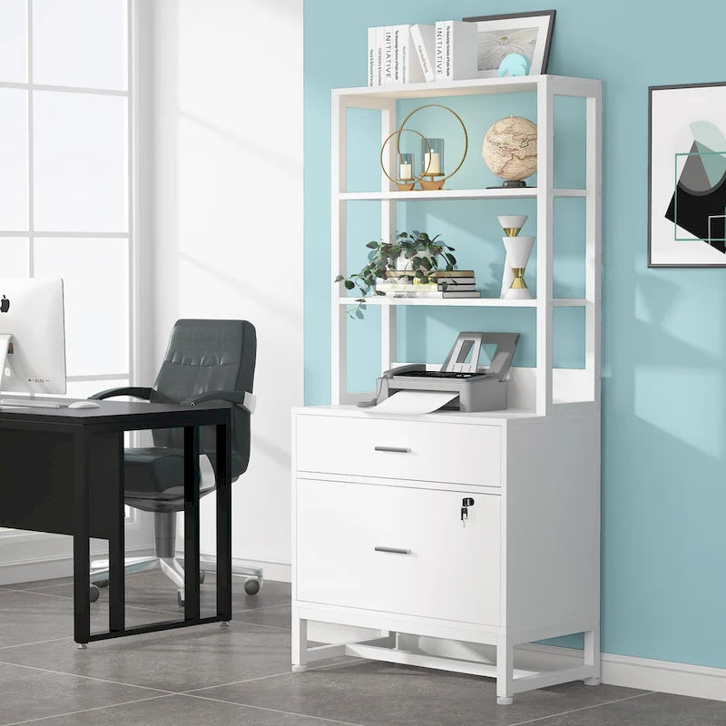 Vertical File Cabinet with 2 Lockable Drawers and Open Shelves, Brown Black White
