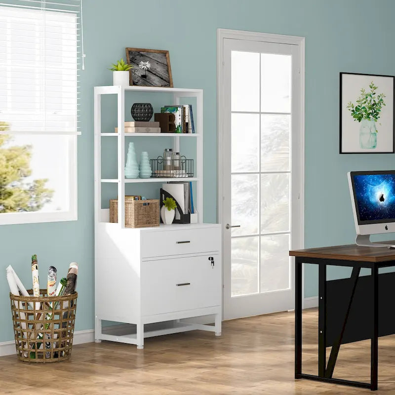 Vertical File Cabinet with 2 Lockable Drawers and Open Shelves, Brown Black White