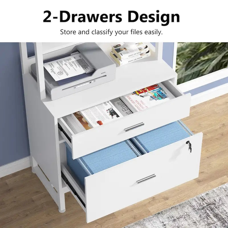 Vertical File Cabinet with 2 Lockable Drawers and Open Shelves, Brown Black White