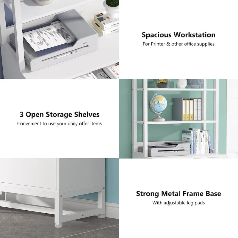 Vertical File Cabinet with 2 Lockable Drawers and Open Shelves, Brown Black White