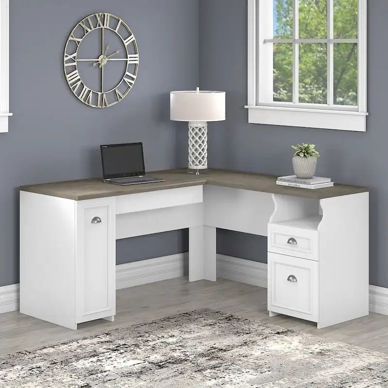 Bureau d’angle en L avec tiroirs, placard et espace de rangement, gris Cape Cod