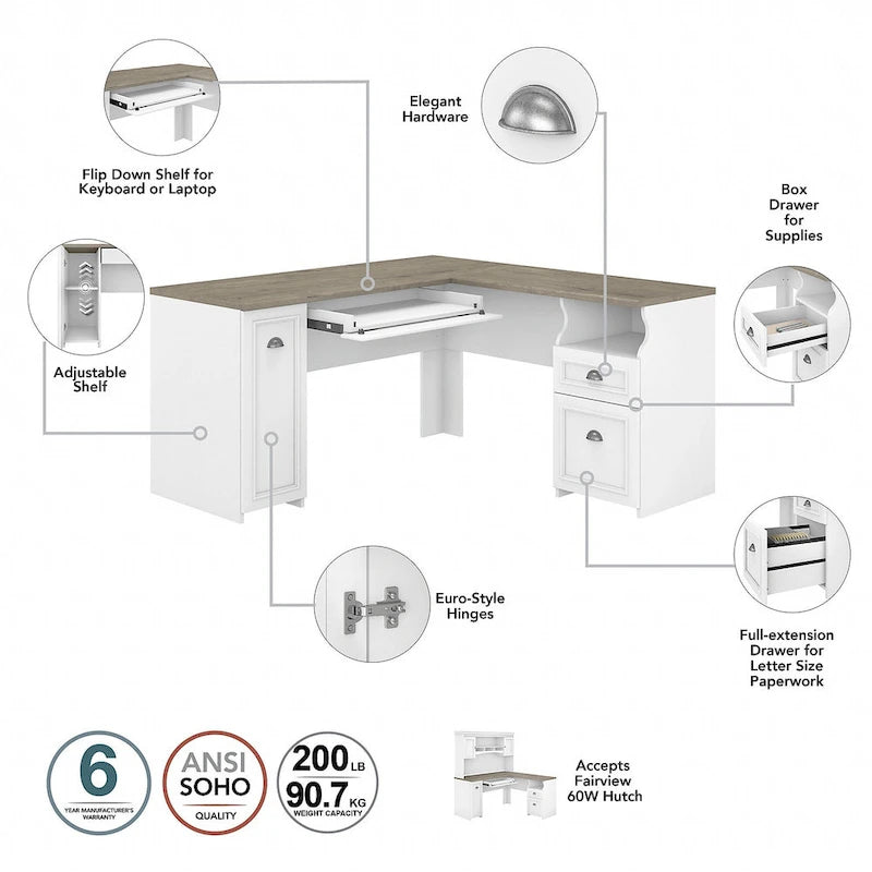 Bureau d’angle en L avec tiroirs, placard et espace de rangement, gris Cape Cod
