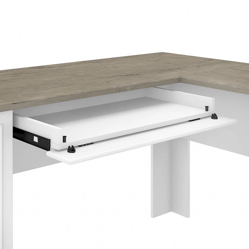 Bureau d’angle en L avec tiroirs, placard et espace de rangement, gris Cape Cod