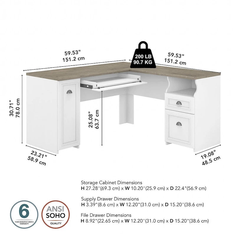 Bureau d’angle en L avec tiroirs, placard et espace de rangement, gris Cape Cod