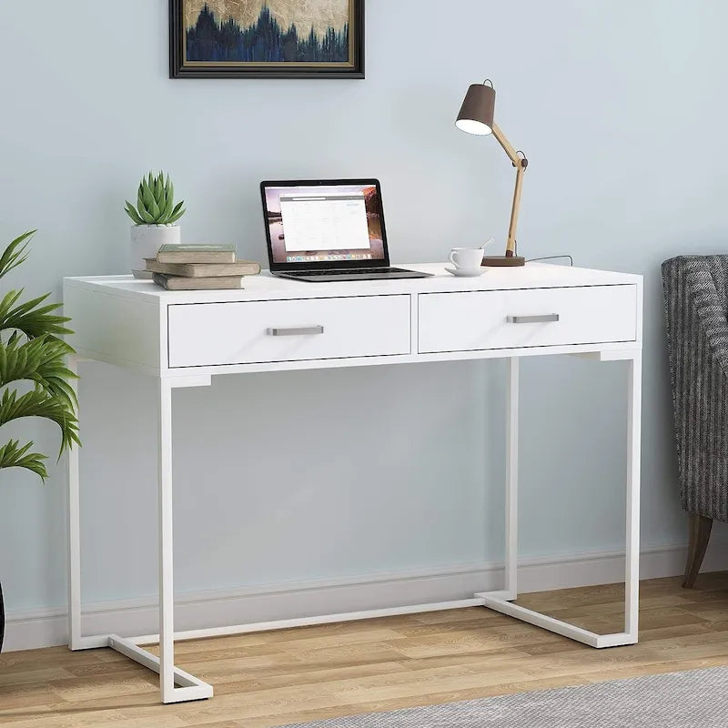 White Gold Writing Computer Desk with Two Sliding Drawers MDF Top