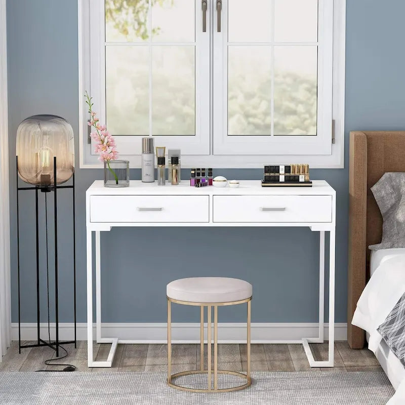 White Gold Writing Computer Desk with Two Sliding Drawers MDF Top