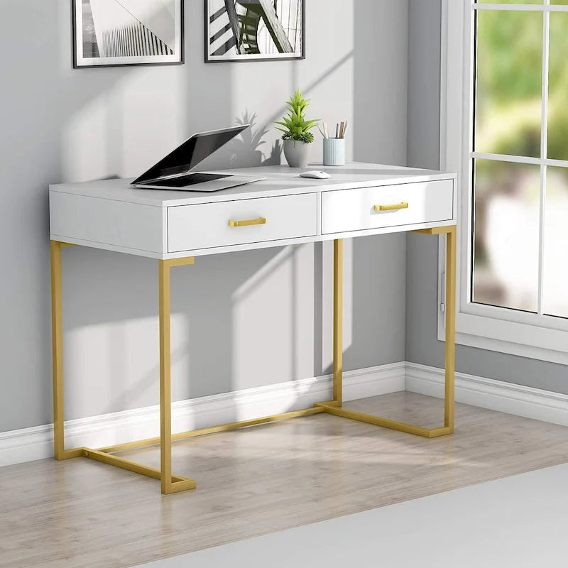 Weiß-goldener Schreib- und Computertisch mit zwei Schiebeschubladen und MDF-Platte