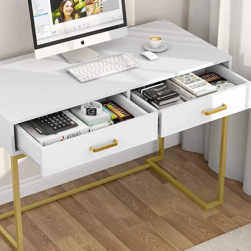 Weiß-goldener Schreib- und Computertisch mit zwei Schiebeschubladen und MDF-Platte