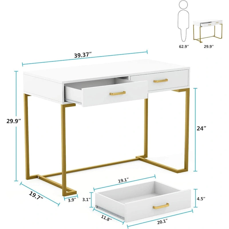 Weiß-goldener Schreib- und Computertisch mit zwei Schiebeschubladen und MDF-Platte