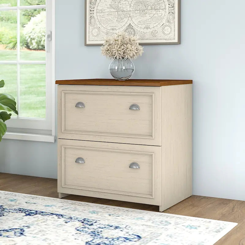 2-Drawer Lateral File Cabinet with Wood Top Off-White Farmhouse Style