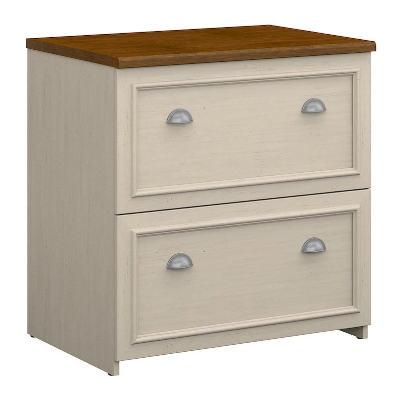 2-Drawer Lateral File Cabinet with Wood Top Off-White Farmhouse Style