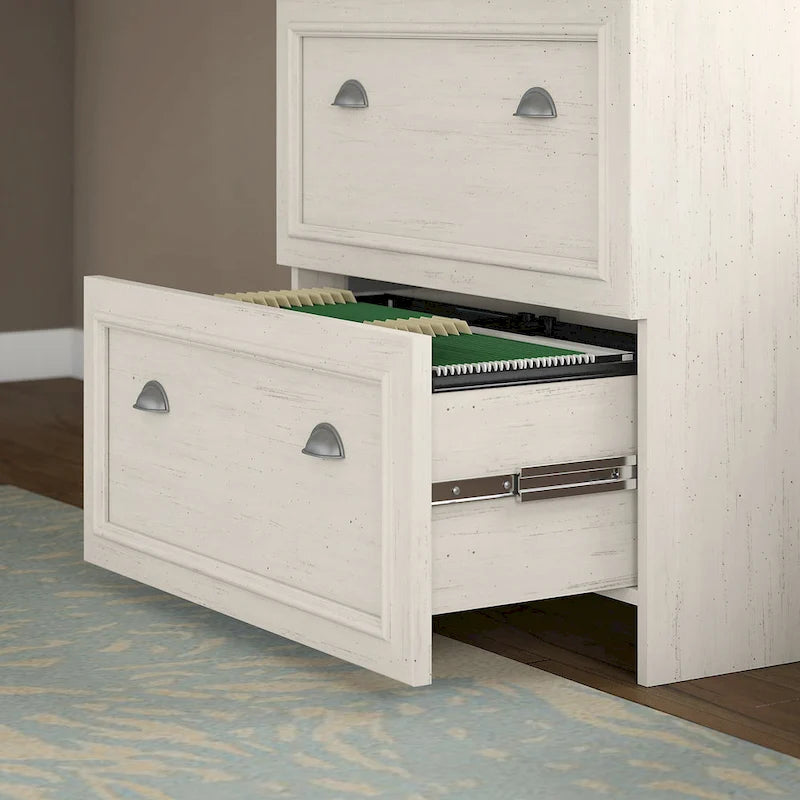 2-Drawer Lateral File Cabinet with Wood Top Off-White Farmhouse Style
