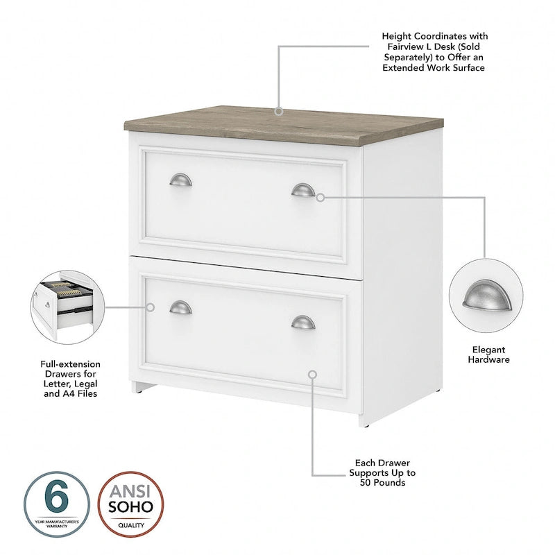 2-Drawer Lateral File Cabinet with Wood Top Off-White Farmhouse Style
