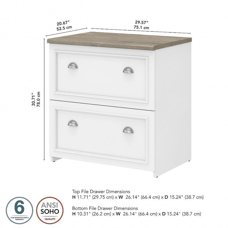2-Drawer Lateral File Cabinet with Wood Top Off-White Farmhouse Style