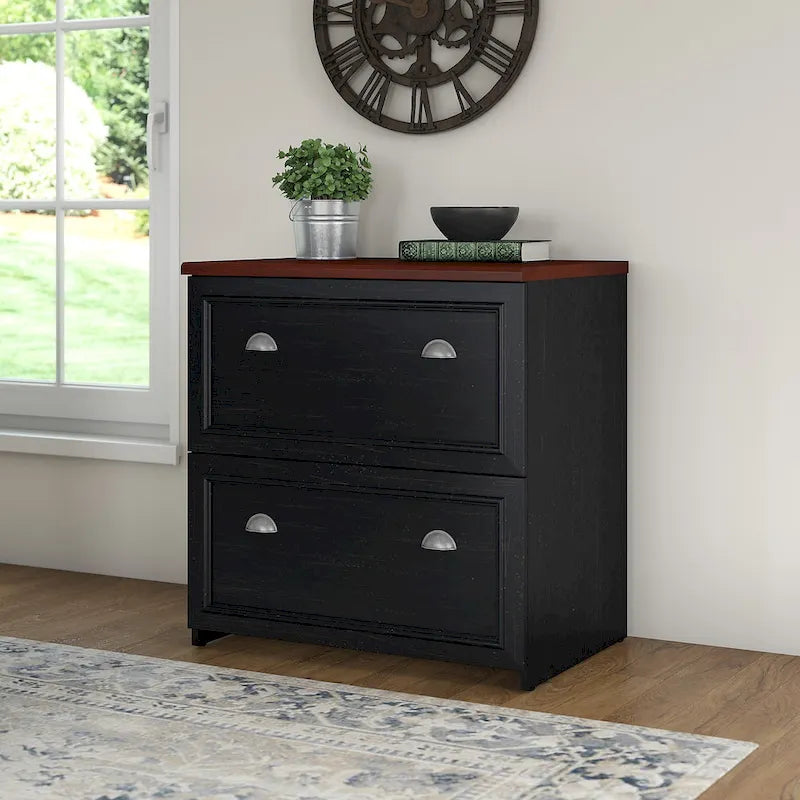 2-Drawer Lateral File Cabinet with Wood Top Off-White Farmhouse Style