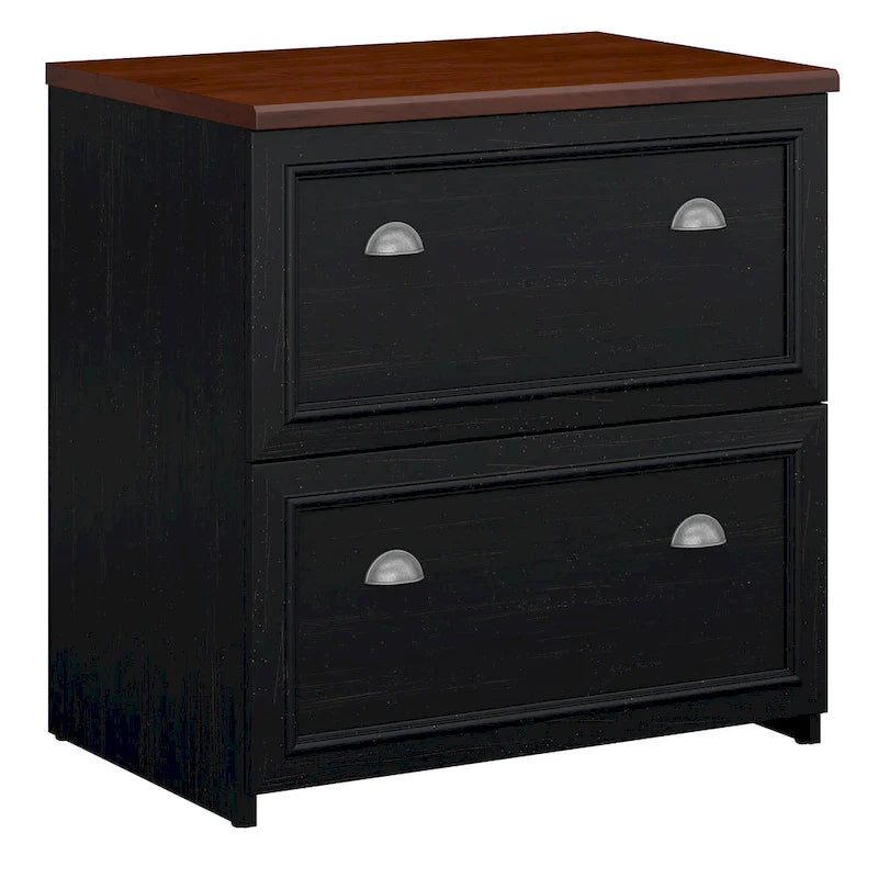2-Drawer Lateral File Cabinet with Wood Top Off-White Farmhouse Style