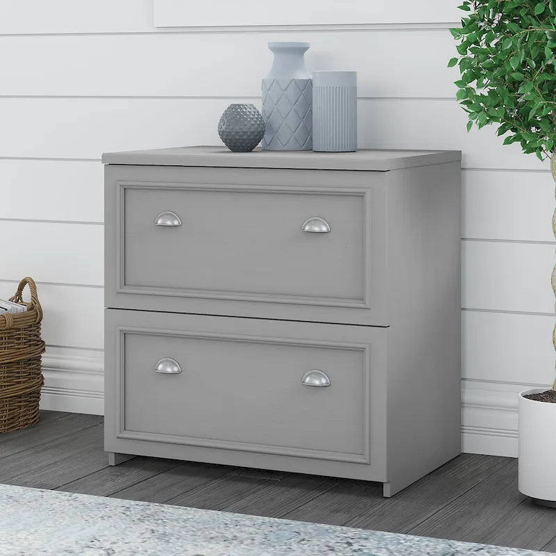 2-Drawer Lateral File Cabinet with Wood Top Off-White Farmhouse Style