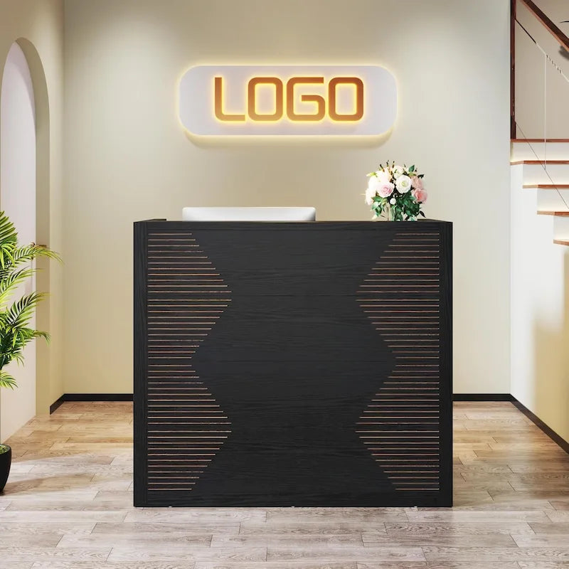 Walnut Brown Beige Panel Reception Counter Desk with Power Cord Hole