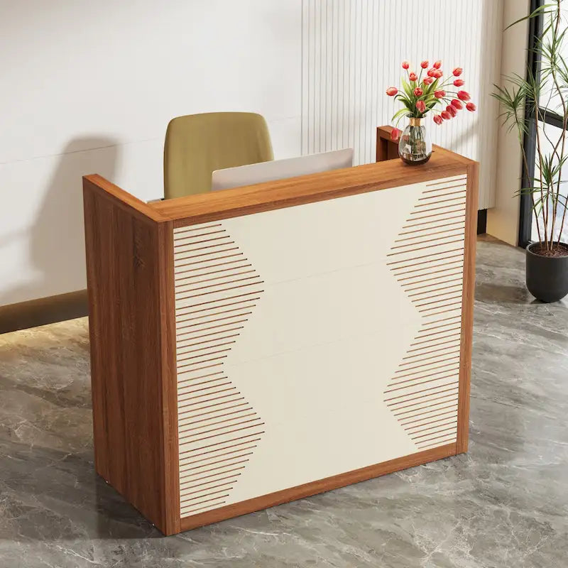 Walnut Brown Beige Panel Reception Counter Desk with Power Cord Hole