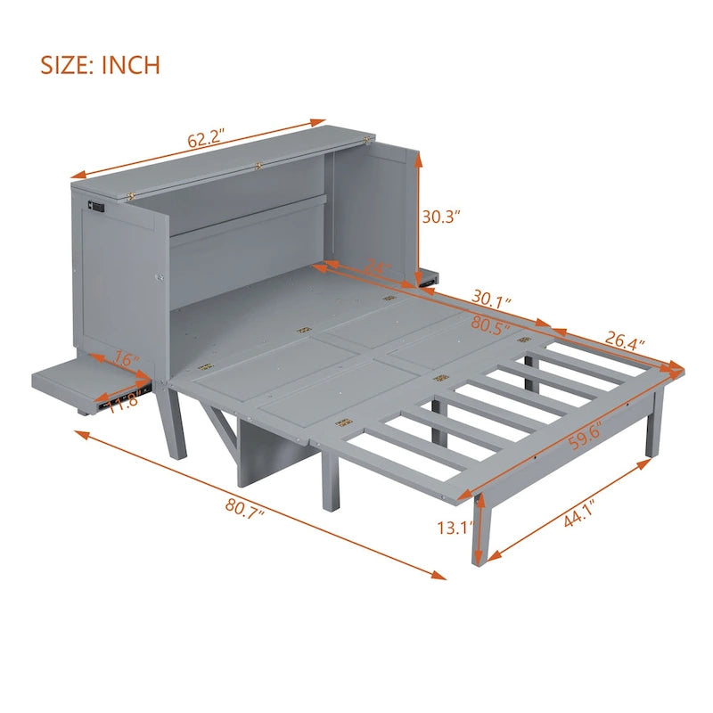 Lit escamotable queen-size avec port de recharge USB et étagères coulissantes, gris