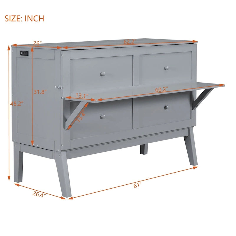 Queen Murphy Bed with USB Charging Port and Sliding Shelves, Gray