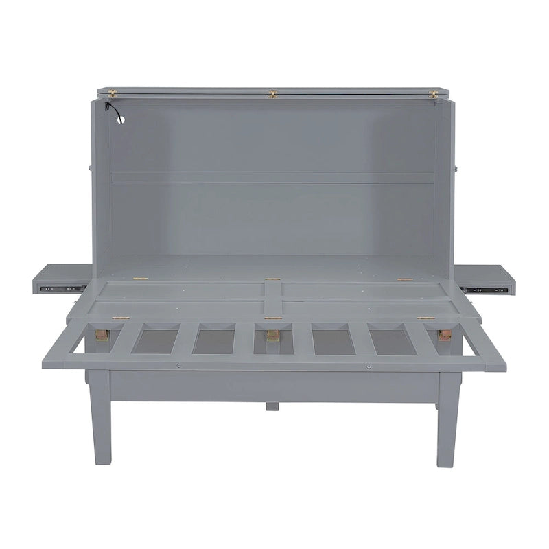Lit escamotable queen-size avec port de recharge USB et étagères coulissantes, gris