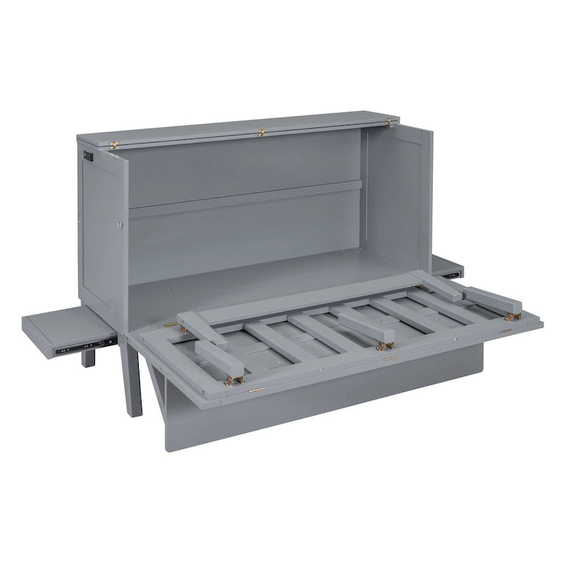Lit escamotable queen-size avec port de recharge USB et étagères coulissantes, gris