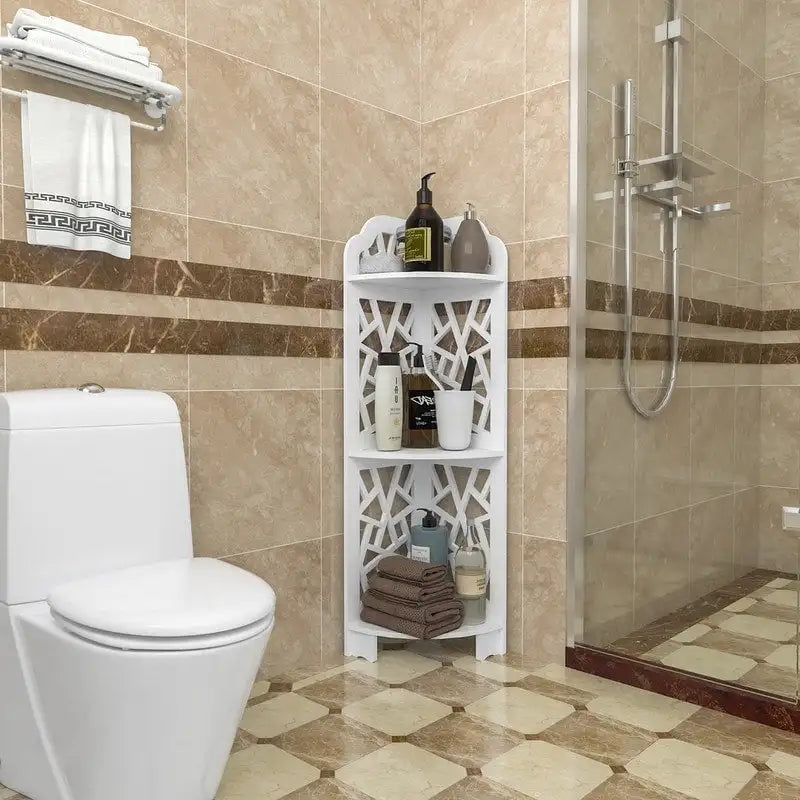 Weißes 3-stöckiges Eckregal mit X-Gestell aus wasserdichtem PVC, Badezimmer-Organizer