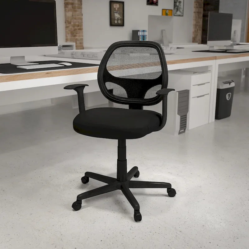 Sedia da ufficio ergonomica girevole in rete, con schienale medio e braccioli fissi, nera o grigia
