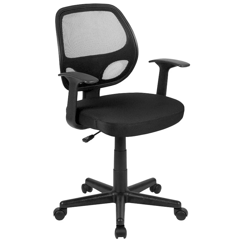 Sedia da ufficio ergonomica girevole in rete, con schienale medio e braccioli fissi, nera o grigia