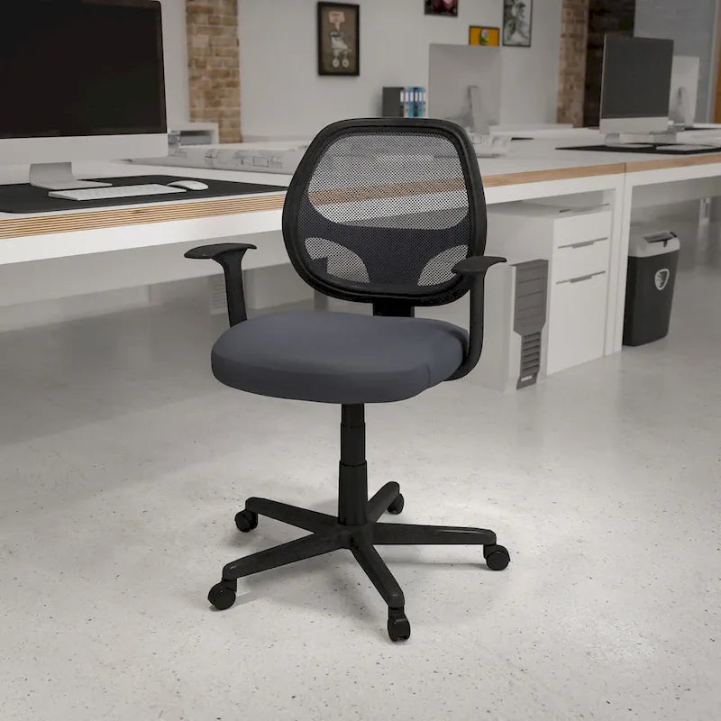Sedia da ufficio ergonomica girevole in rete, con schienale medio e braccioli fissi, nera o grigia