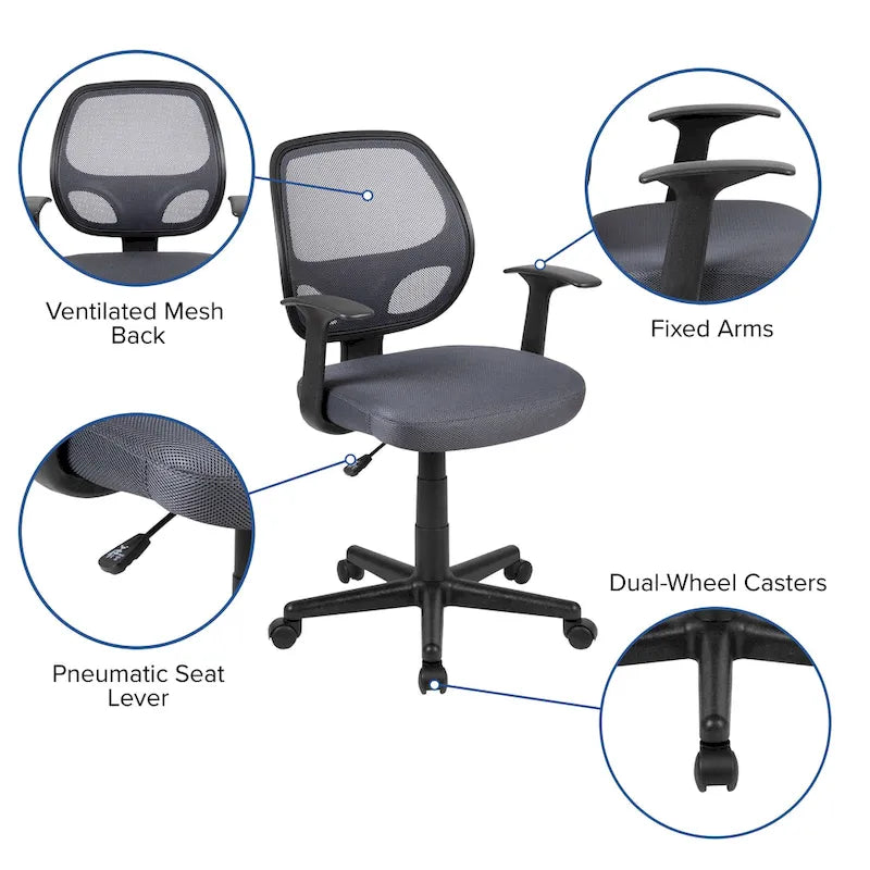 Sedia da ufficio ergonomica girevole in rete, con schienale medio e braccioli fissi, nera o grigia