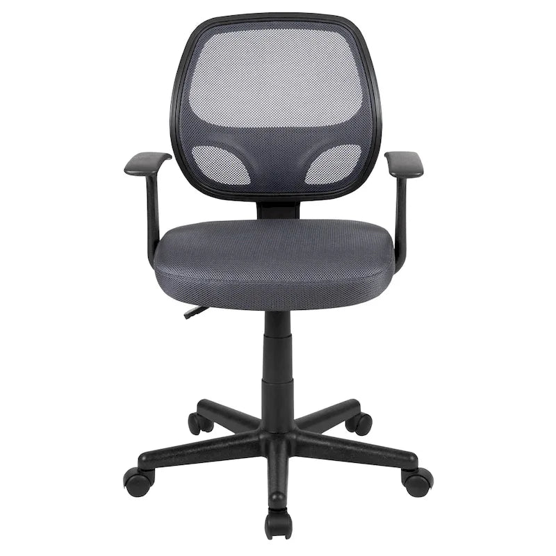 Sedia da ufficio ergonomica girevole in rete, con schienale medio e braccioli fissi, nera o grigia