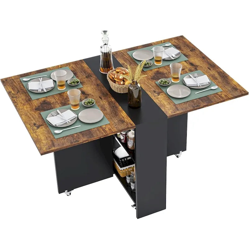 Drop Leaf Folding Dining Table with Wheels and Storage Shelves