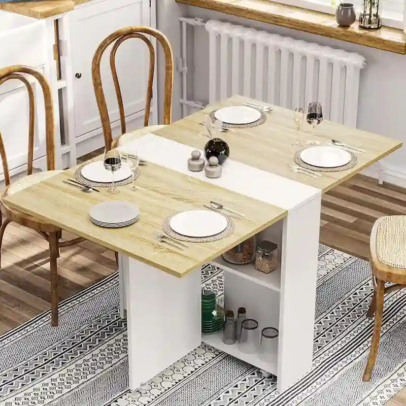 Drop Leaf Folding Dining Table with Wheels and Storage Shelves